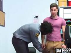 Restrained straight jock barebacked by black security guard
